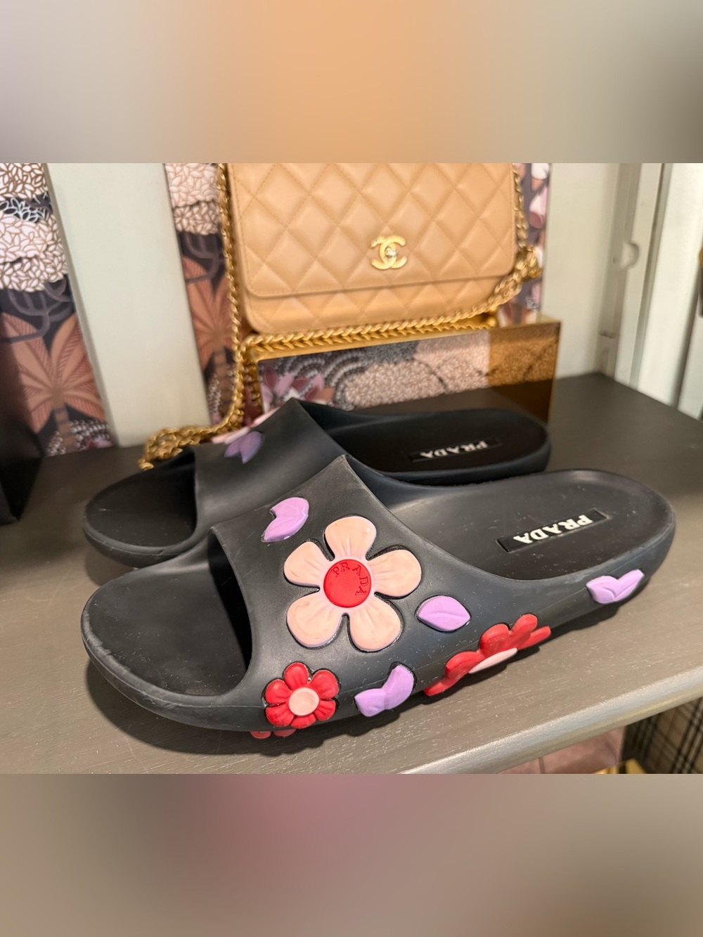 Prada Black Slide Sandals with Pink, Red & Purple Floral Accents
